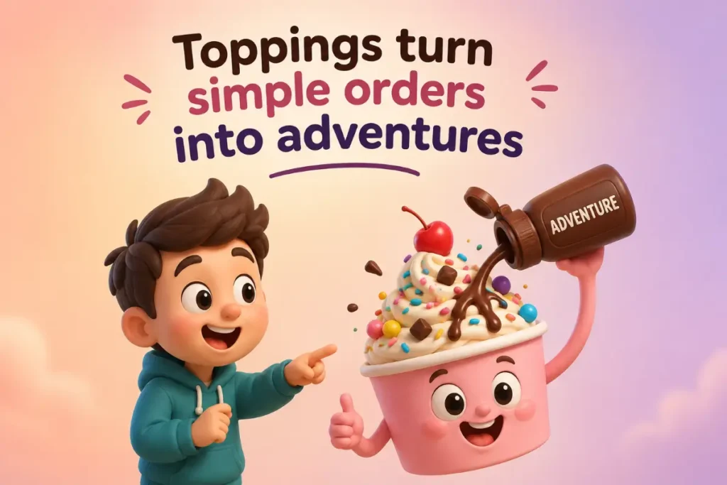 Funny moment inside a colorful ice cream shop